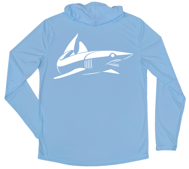 Men's Long Sleeve Mako Shark Hooded Sun Shirt with White Shark Zen Front Left Chest Logo - Columbia Blue