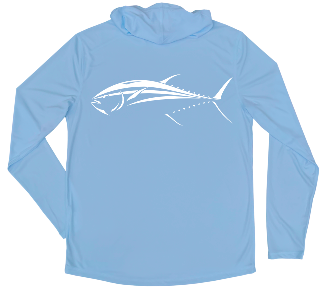 Men's Long Sleeve Bluefin Tuna Hooded Sun Shirt with White Shark Zen Front Left Chest Logo - Columbia Blue