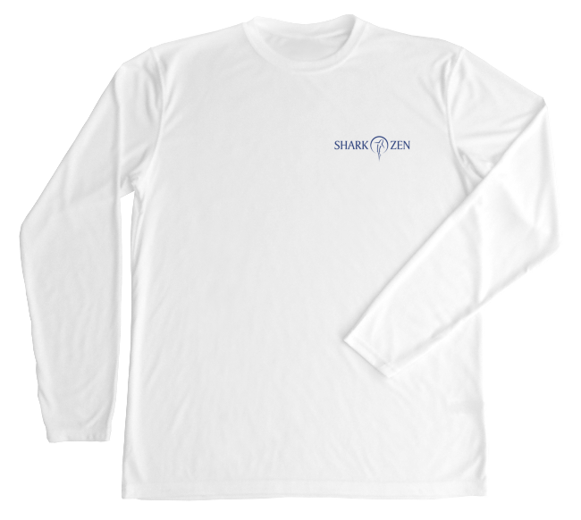 Front of white giant pacific octopus swim shirt, blue Shark Zen logo on front left chest.
