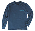 Front of healther navy long sleeve mako shark t-shirt with Shark Zen front left chest logo