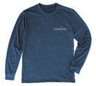Front of heather navy long sleeve thresher shark t-shirt with Shark Zen front left chest logo