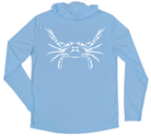 Men's Long Sleeve Blue Crab Hooded Sun Shirt with White Shark Zen Front Left Chest Logo - Columbia Blue