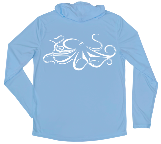 Men's Long Sleeve Octopus Hooded Sun Shirt with White Shark Zen Front Left Chest Logo - Columbia Blue