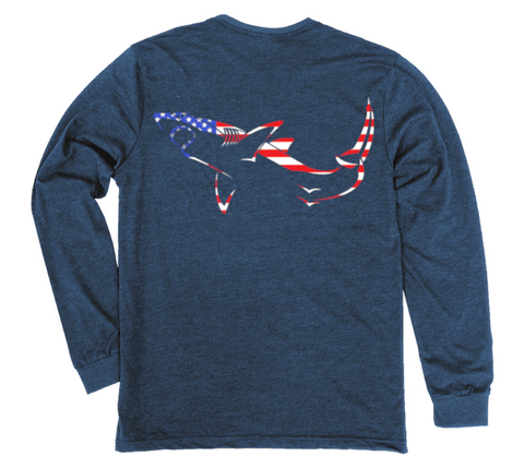 Great White Shark American Flag Long Sleeve T-Shirt