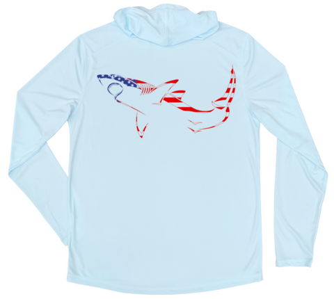 Men's Long Sleeve Great White Shark American Flag Hooded Sun Shirt