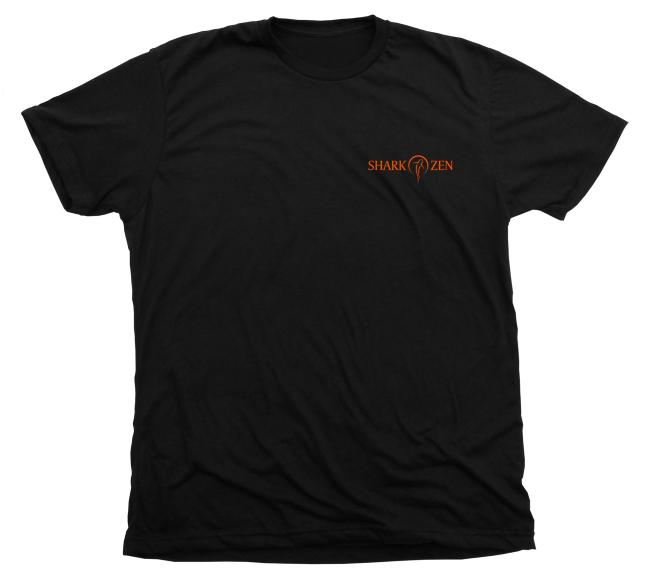 Mako Shark T-Shirt Shark Zen logo front left chest in orange on black fabric