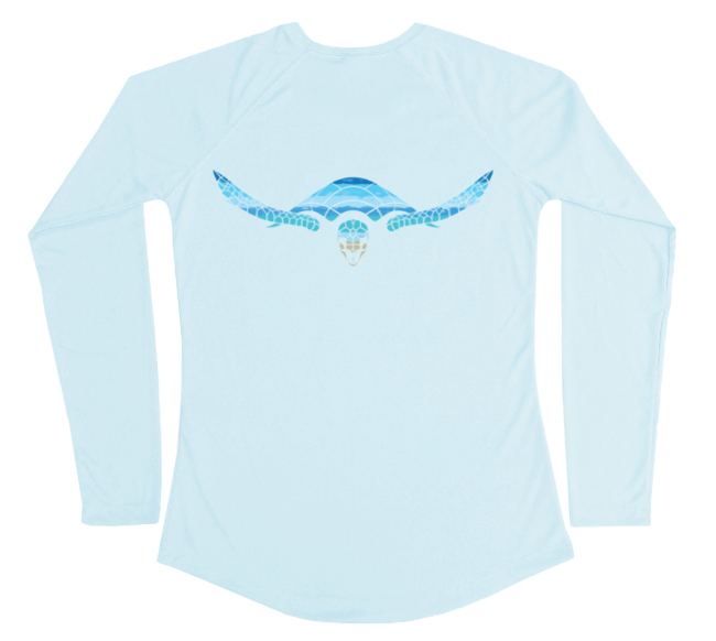 Hawksbill Sea Turtle Womens Long Sleeve UV Beachscape Arctic Blue Swim Shirt