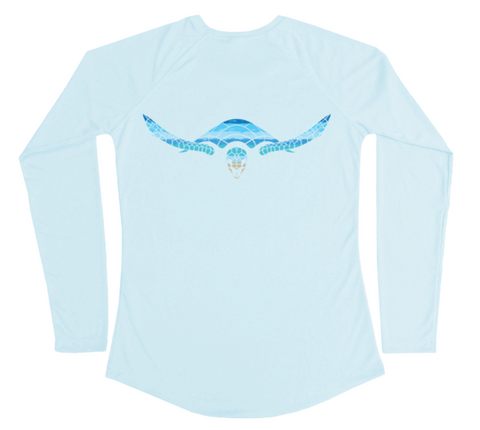 Hawksbill Sea Turtle Womens Long Sleeve UV Beachscape Arctic Blue Swim Shirt