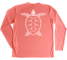 Loggerhead Sea Turtle Performance Shirt with sea Turtle in white on salmon fabric