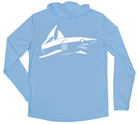 Men's Long Sleeve Mako Shark Hooded Sun Shirt with White Shark Zen Front Left Chest Logo - Columbia Blue