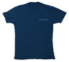 Front of navy manta ray beachscape t-shirt, blue Shark Zen logo on front left chest.
