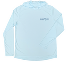Front of Great White Shark arctic blue performance hoodie with Shark Zen logo on left chest in blue.