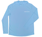 Front of Men's Long Sleeve Blue Crab Hooded Sun Shirt with White Shark Zen Front Left Chest Logo - Columbia Blue