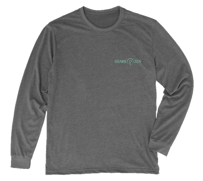 Front of heather grey long sleeve humpback whale t-shirt with Shark Zen front left chest logo