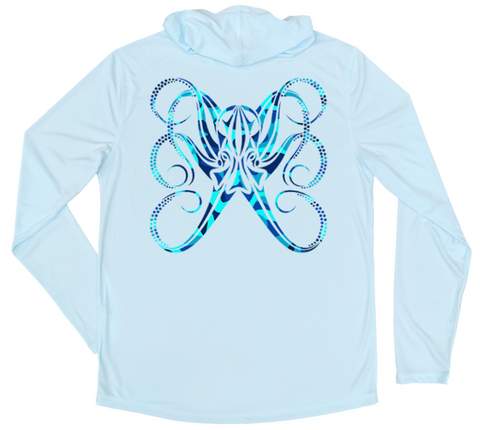 Men's Long Sleeve Water Camouflage Octopus Hooded Sun Shirt - Arctic Blue