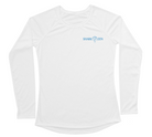 Front of white giant pacific octopus swim shirt, blue Shark Zen logo on front left chest.