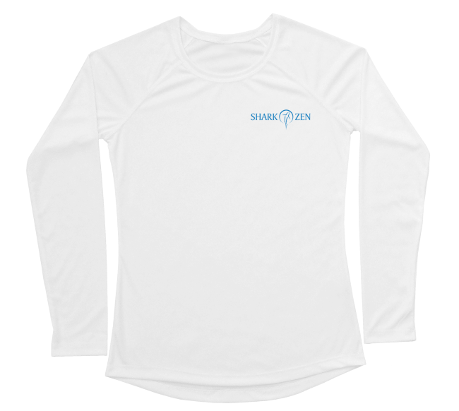 Front of white giant pacific octopus swim shirt, blue Shark Zen logo on front left chest.
