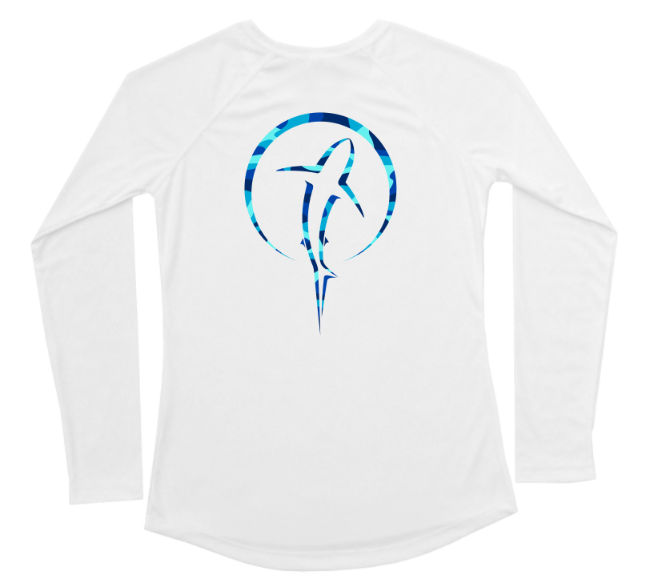 Womens Long Sleeve UV Blue Water Camouflage Shark Swim Shirt
